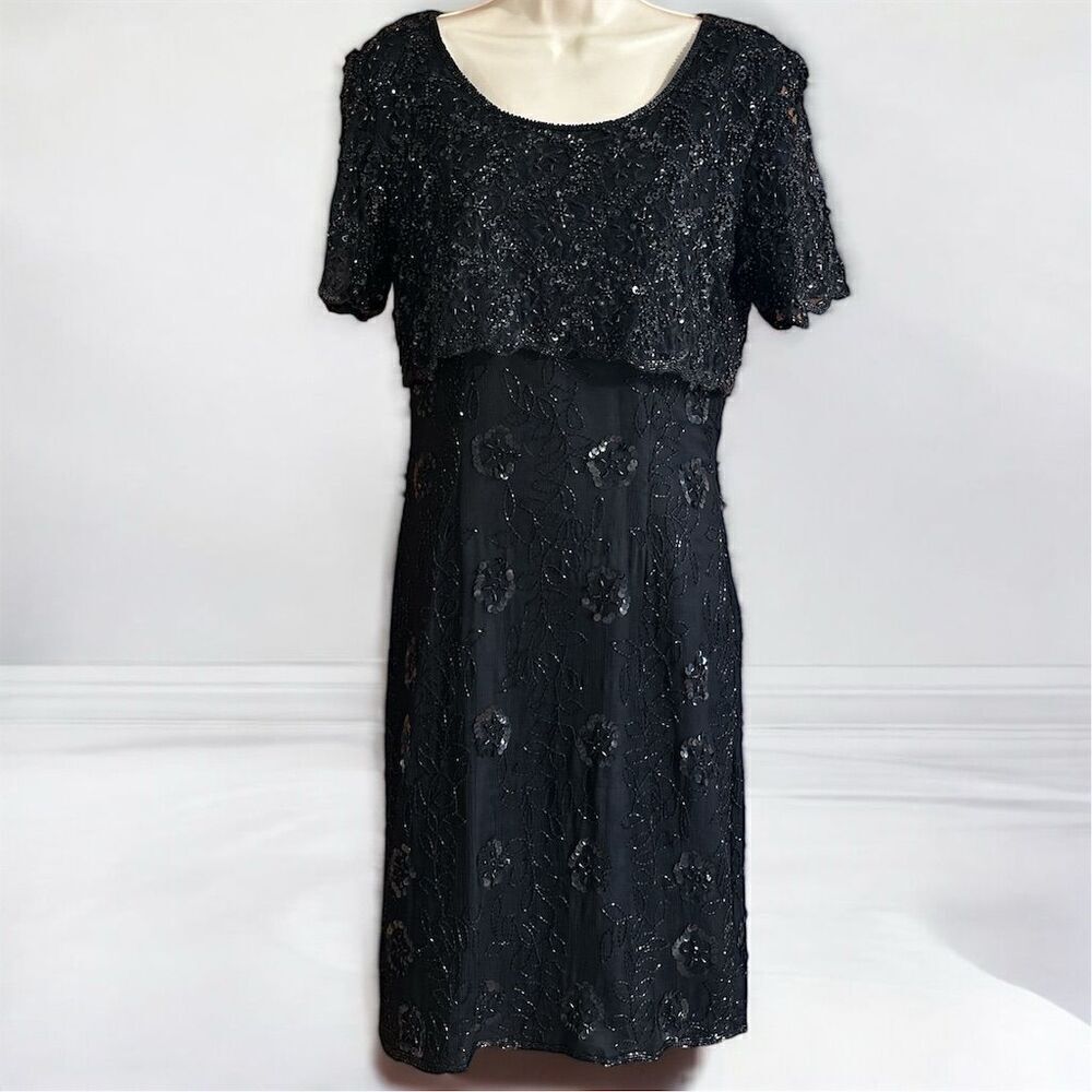 Stenay Vintage Black Beaded Sequins Floral Figure Flattering Formal Midi Dress